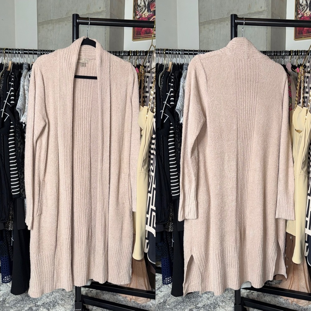 Barefoot Dreams CozyChic Lite Taupe Long Open Cardigan Petite Large EUC